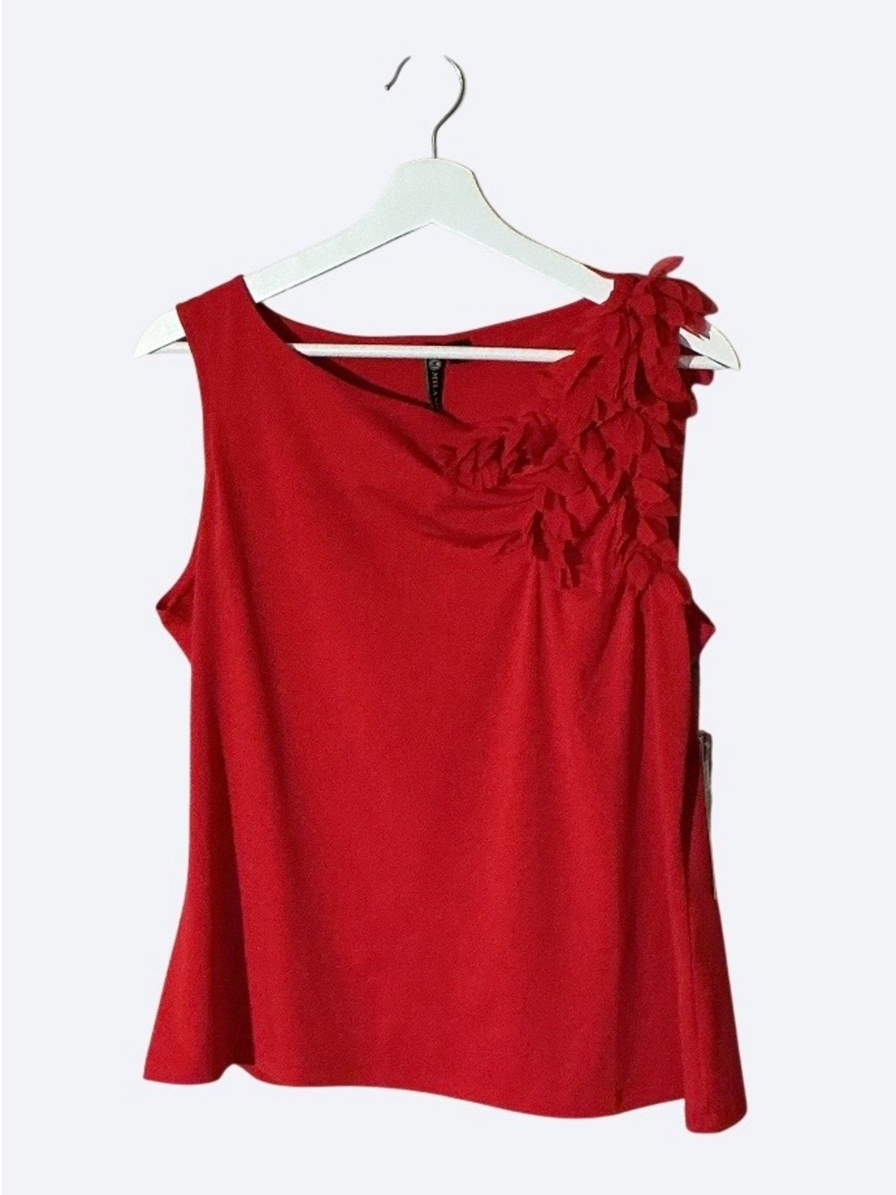 Milano Red Sleeveless Blouse with Cascading Leaf Shoulder Detail